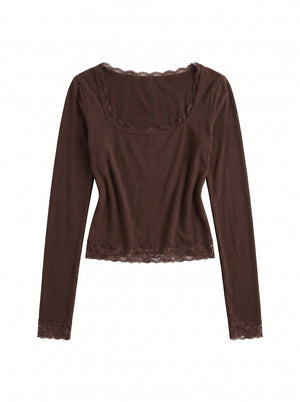 Top Col U Dentelle et Nœud Marron