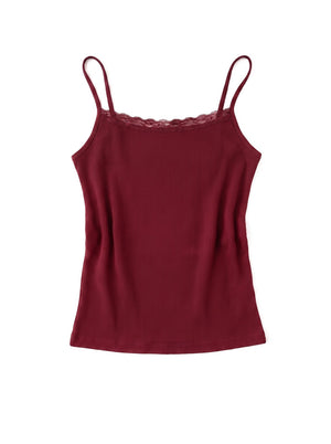 Crop Top Côtelé Bordure Dentelle Rouge